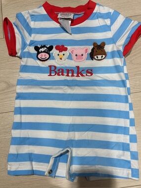 Banks monogram romper 9 months Farm animals